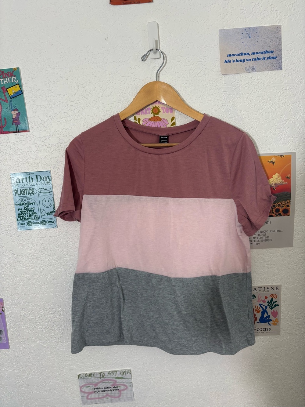 SHEIN Colorblock Short Sleeve Tee - Mauve, Light Pink & Gray
